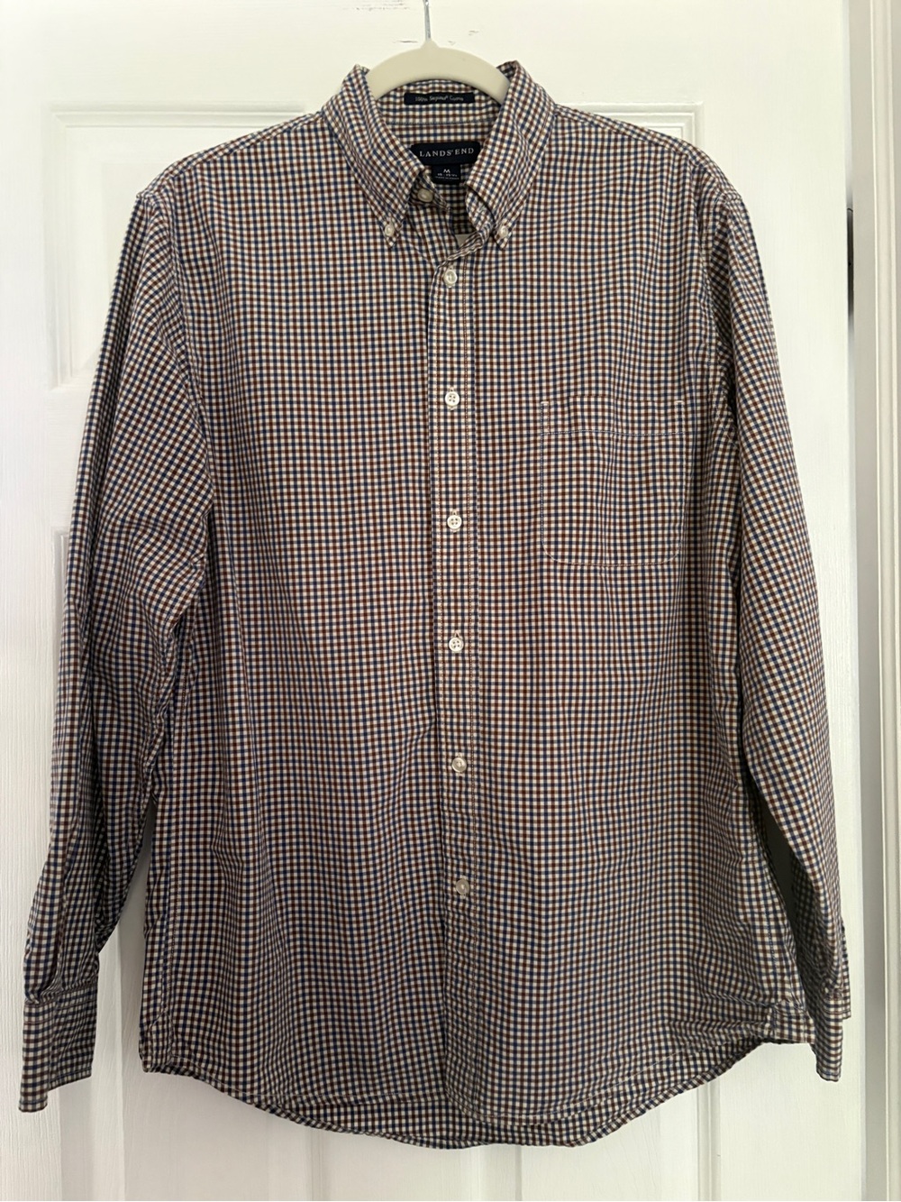 Lands' End Men's Long-Sleeve Button-Down Check Shirt in Navy, Brown & White